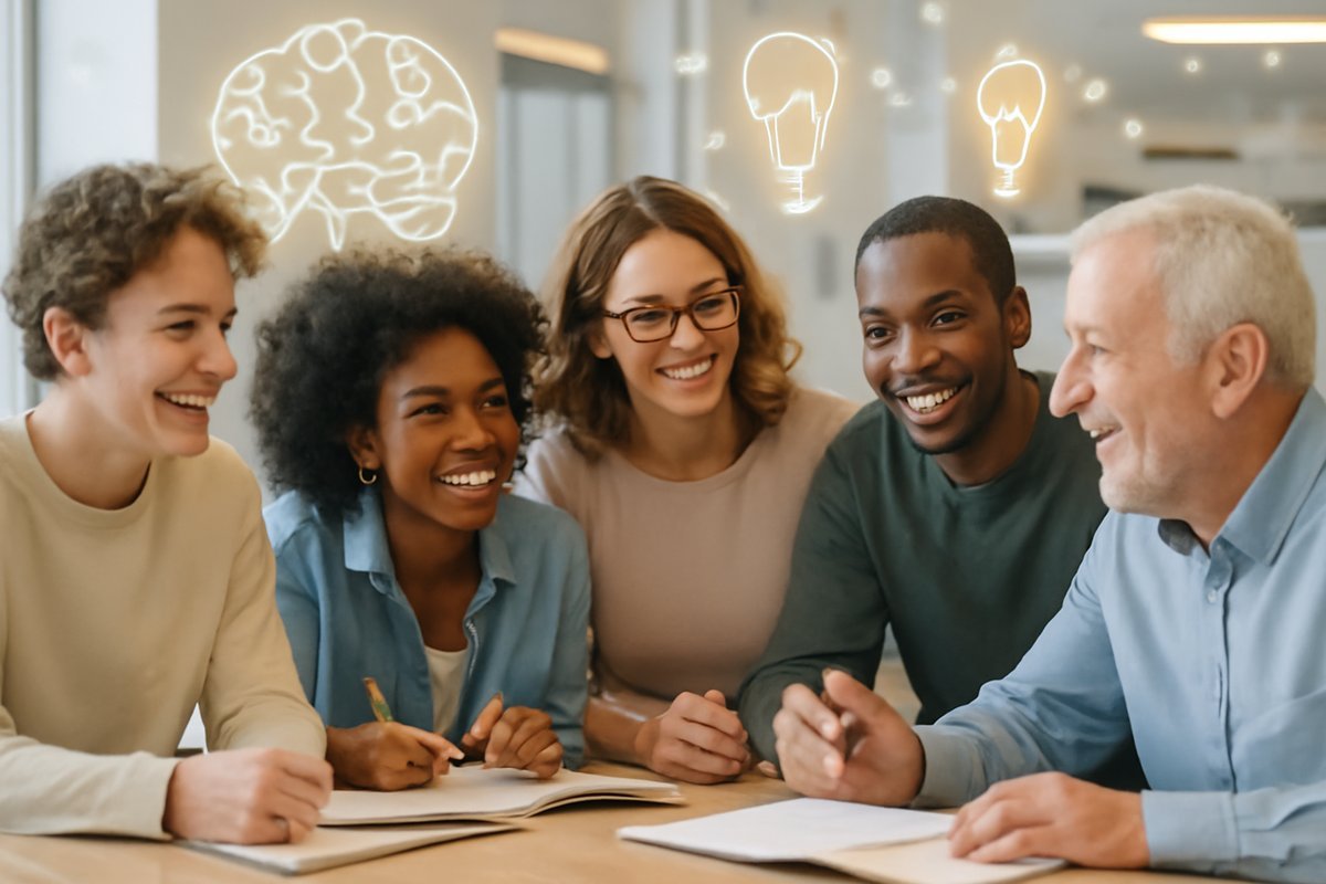 Diverse learners of all ages, including students and adults, collaborating and engaging in a modern educational environment, symbolizing continuous learning and development.
