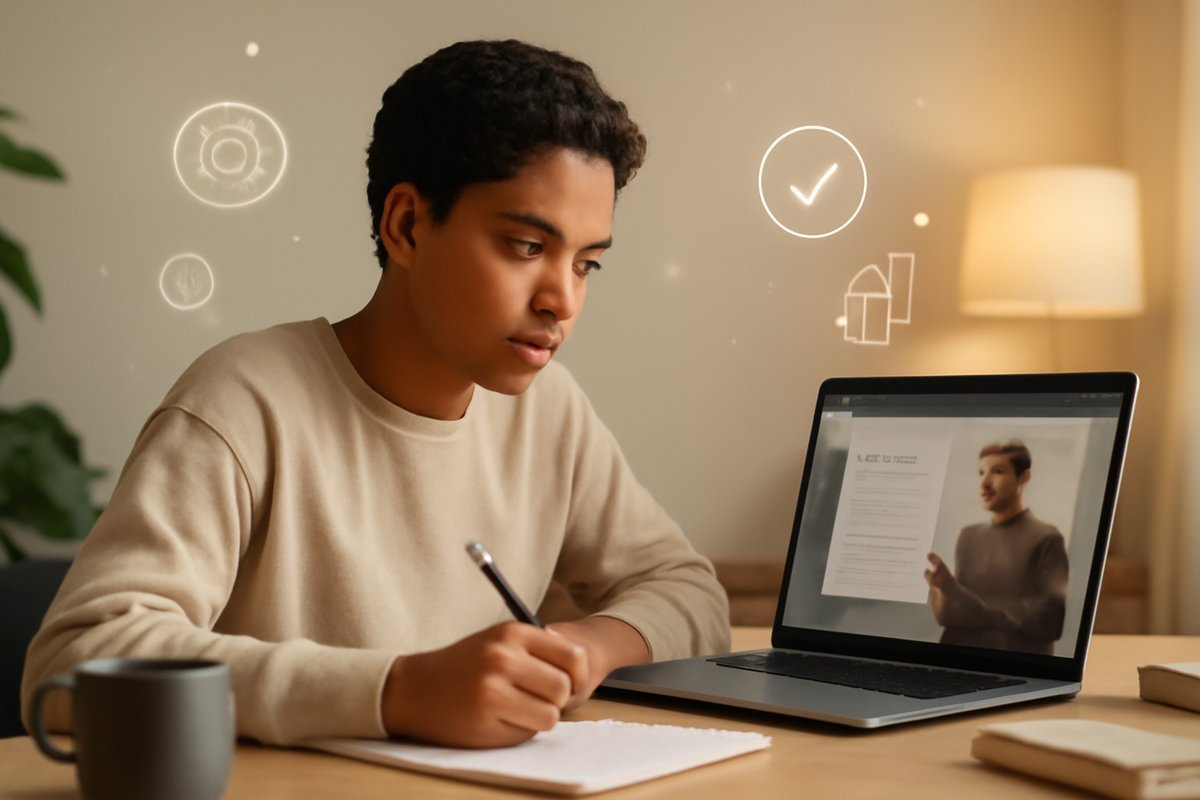 Student successfully engaging with an online course on a laptop, representing effective online learning strategies.