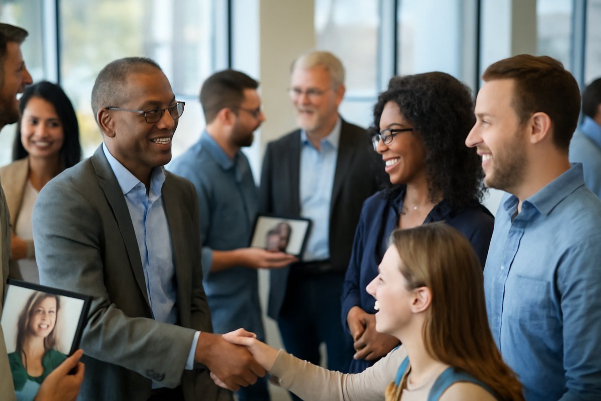 A diverse group of students and professionals networking, making connections and conversing at a modern event.