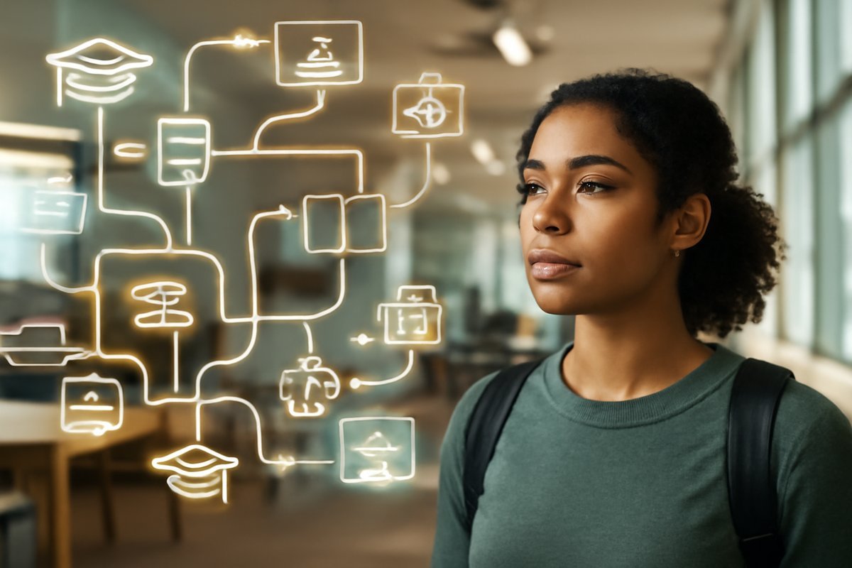 Student analyzing an academic program pathway flowchart, representing different education and career choices in 2026.