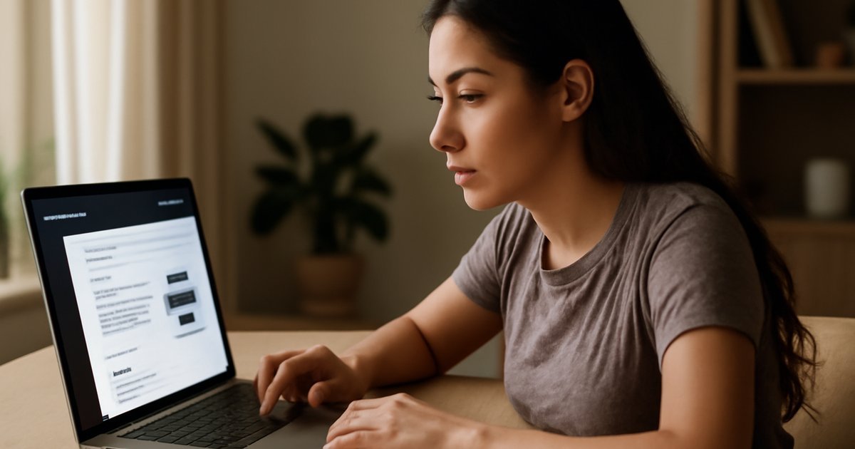 Hispanic female college student using an AI learning tool on a laptop at a bright home desk in 2026
