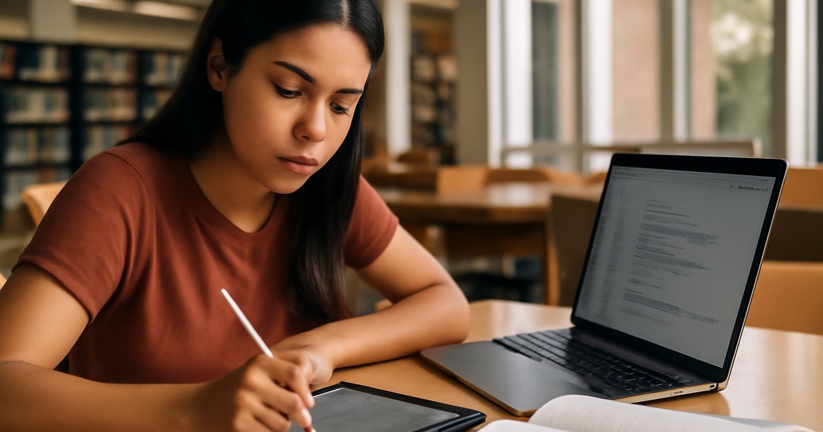 Hispanic female college student taking digital notes on iPad at a sunlit university library desk
