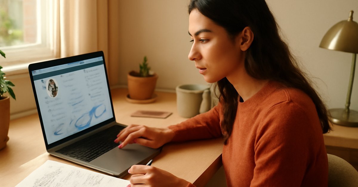 Hispanic female college student building her personal brand on LinkedIn at a home desk with notebook and laptop