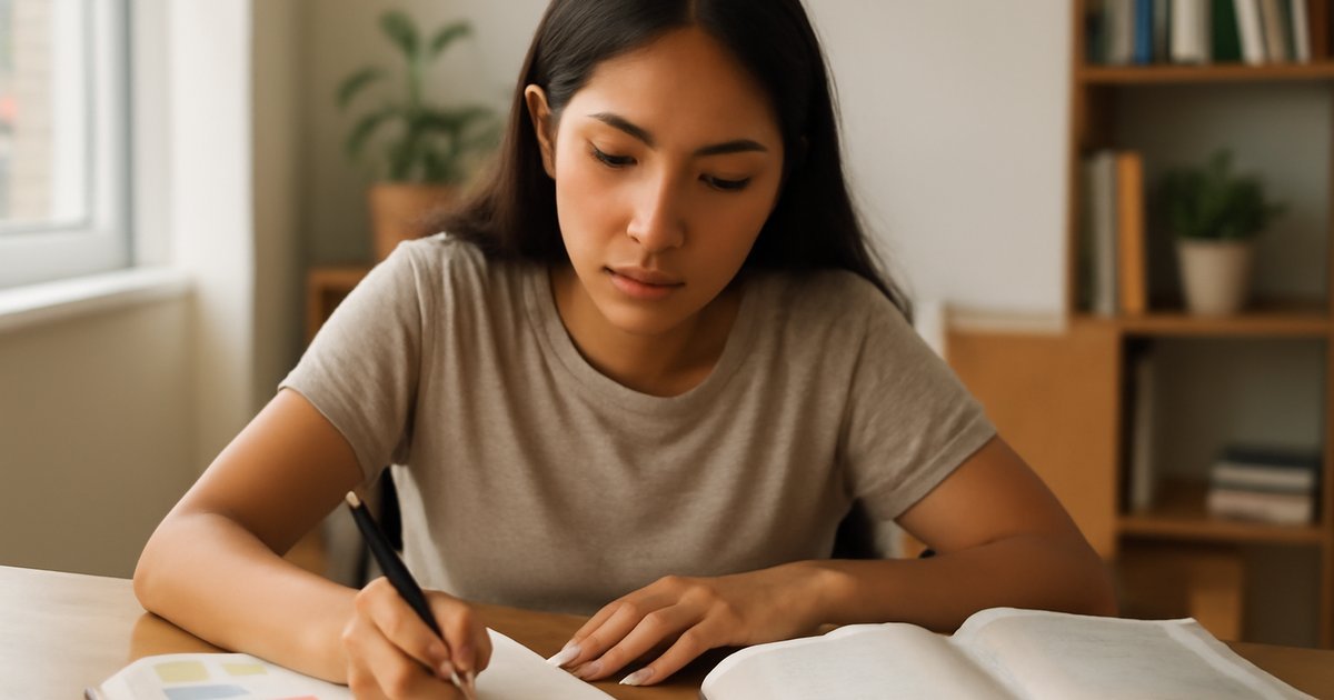 Hispanic female college student creating a study guide at a desk with notebooks and sticky notes