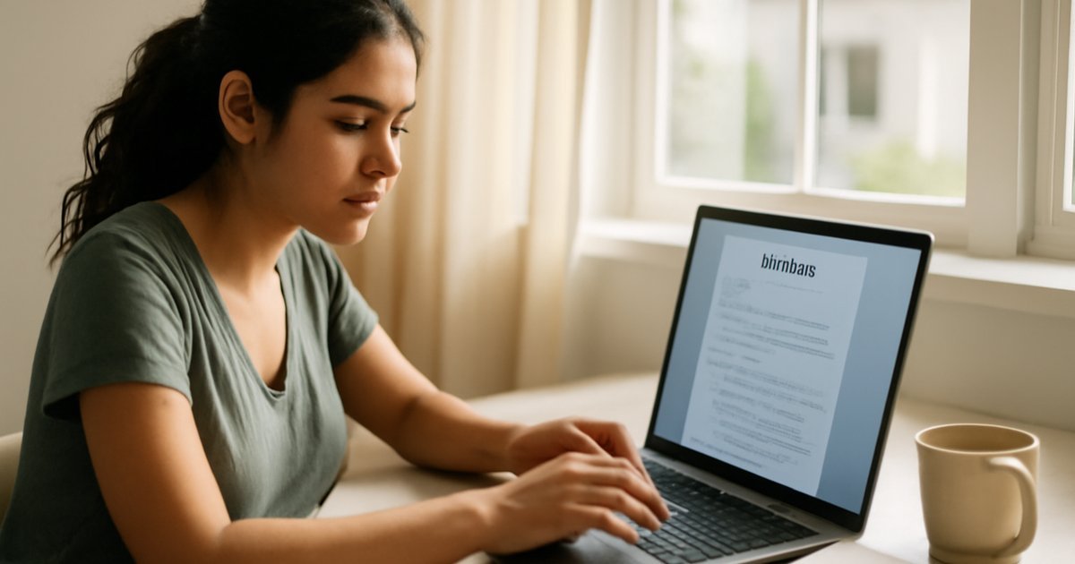 College student writing her first resume on a laptop at a home desk
