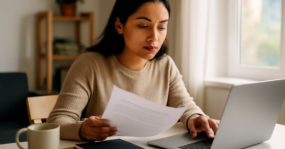 Hispanic female college student reviewing internship application documents at a home desk with laptop and notebooks