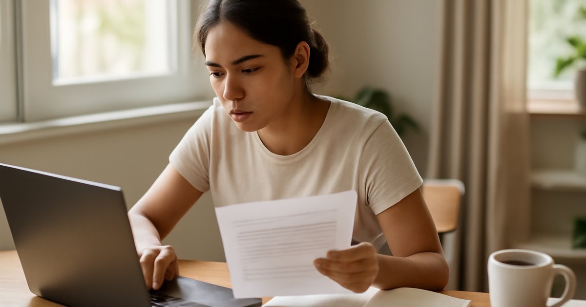 Hispanic college student reviewing academic projects at home desk to build a career portfolio