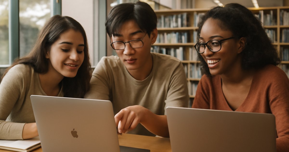 Three college students collaborating with laptops and notebooks in a university library