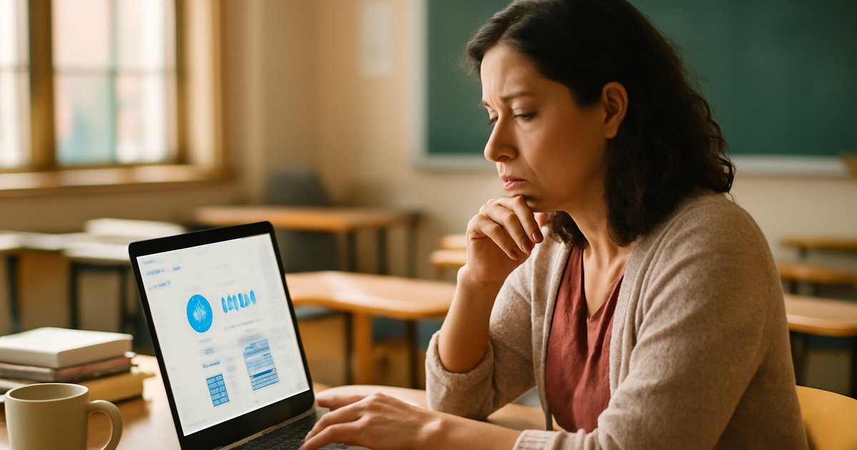 Hispanic female educator reviewing a learning management system dashboard on a laptop in a bright classroom