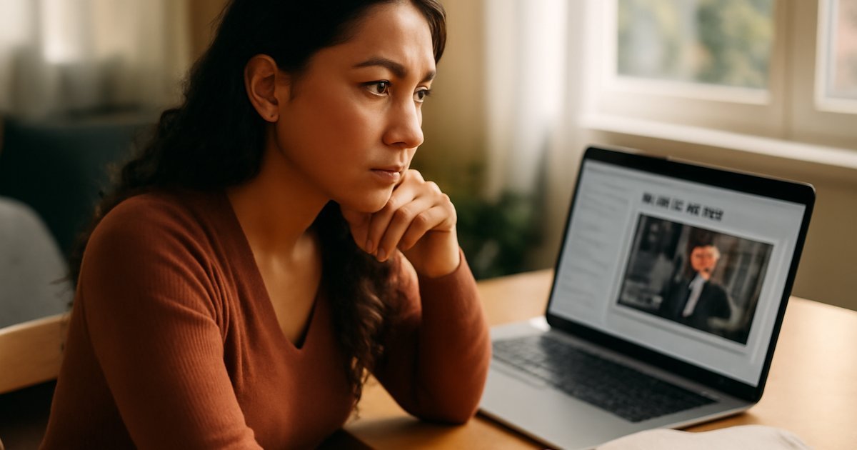 Hispanic woman in her 30s studying an online career pivot course at a bright home desk with notebook and coffee