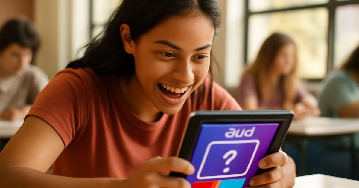 Hispanic teenage girl engaging with a gamified learning tool on a tablet in a bright classroom