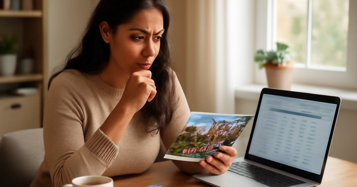 Hispanic woman comparing graduate school programs at a home desk with brochures and laptop