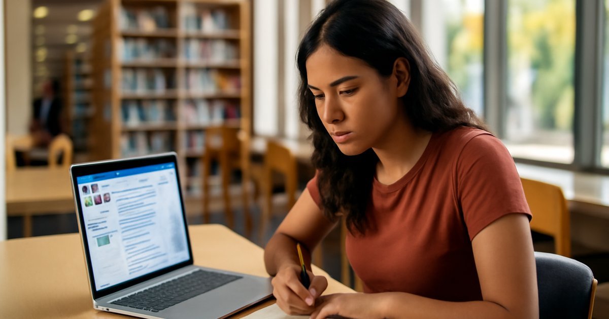 Hispanic female college student using LinkedIn on a laptop in a university library to search for her first job