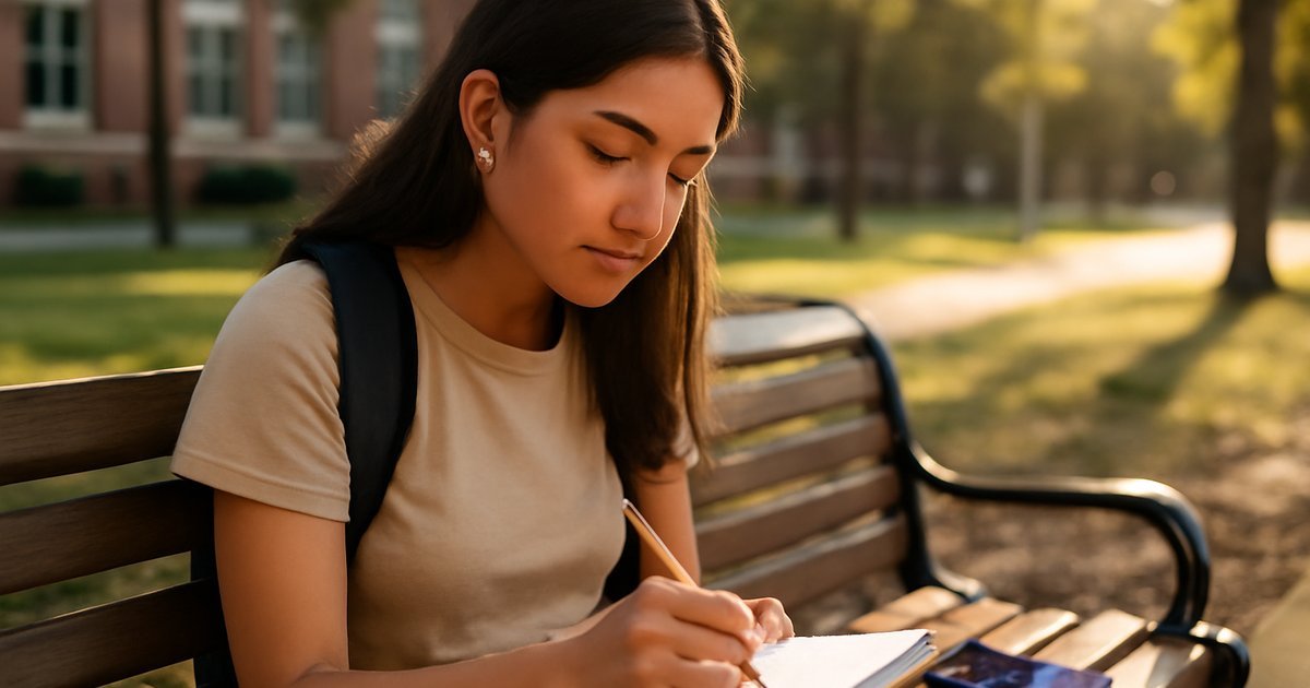 Hispanic female college student taking notes while listening to an educational podcast on campus