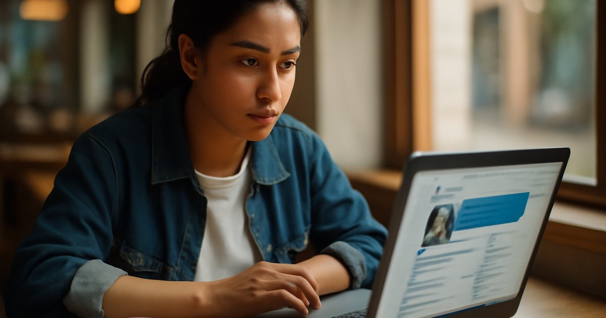 Hispanic female college student networking on LinkedIn at a coffee shop with a laptop and notebook