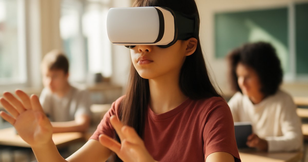 Asian teenage girl wearing a VR headset in a modern classroom engaged in an immersive learning experience